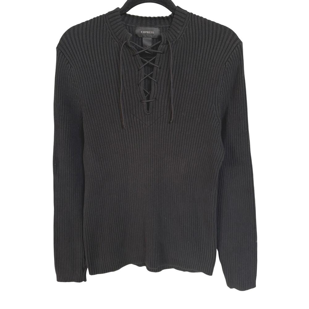 Express Black Ribbed Punk Lace Up Thick Sweater Goth Rockstar GF Cotton Small